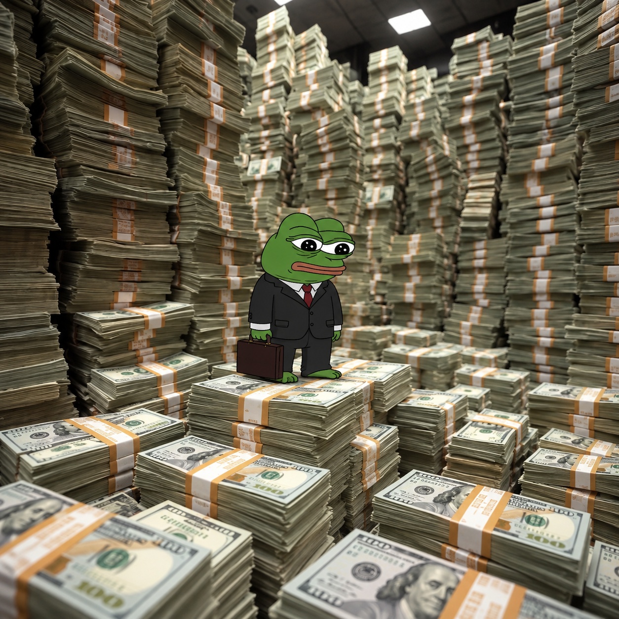 Pepe in a suit standing on stacks of cash